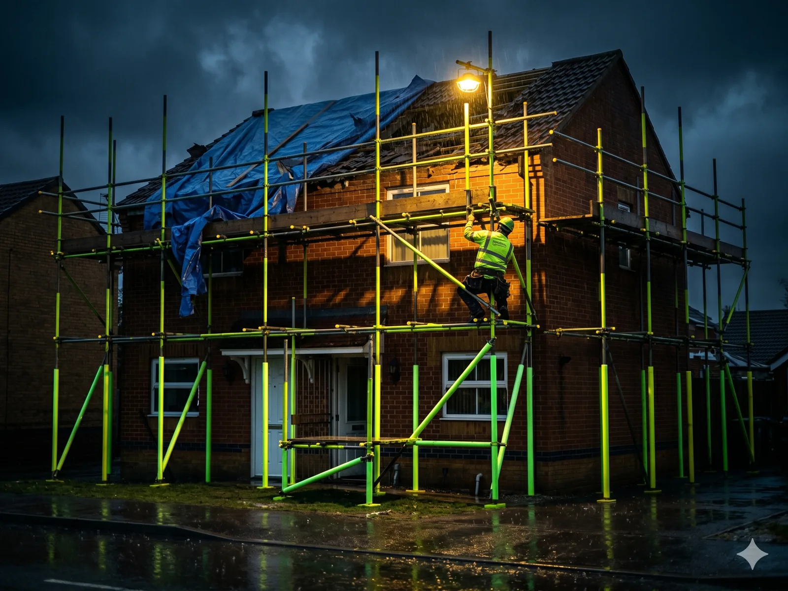 ADE scaffolder climbing a floodlit scaffold at night, tarpaulin over storm-damaged roof